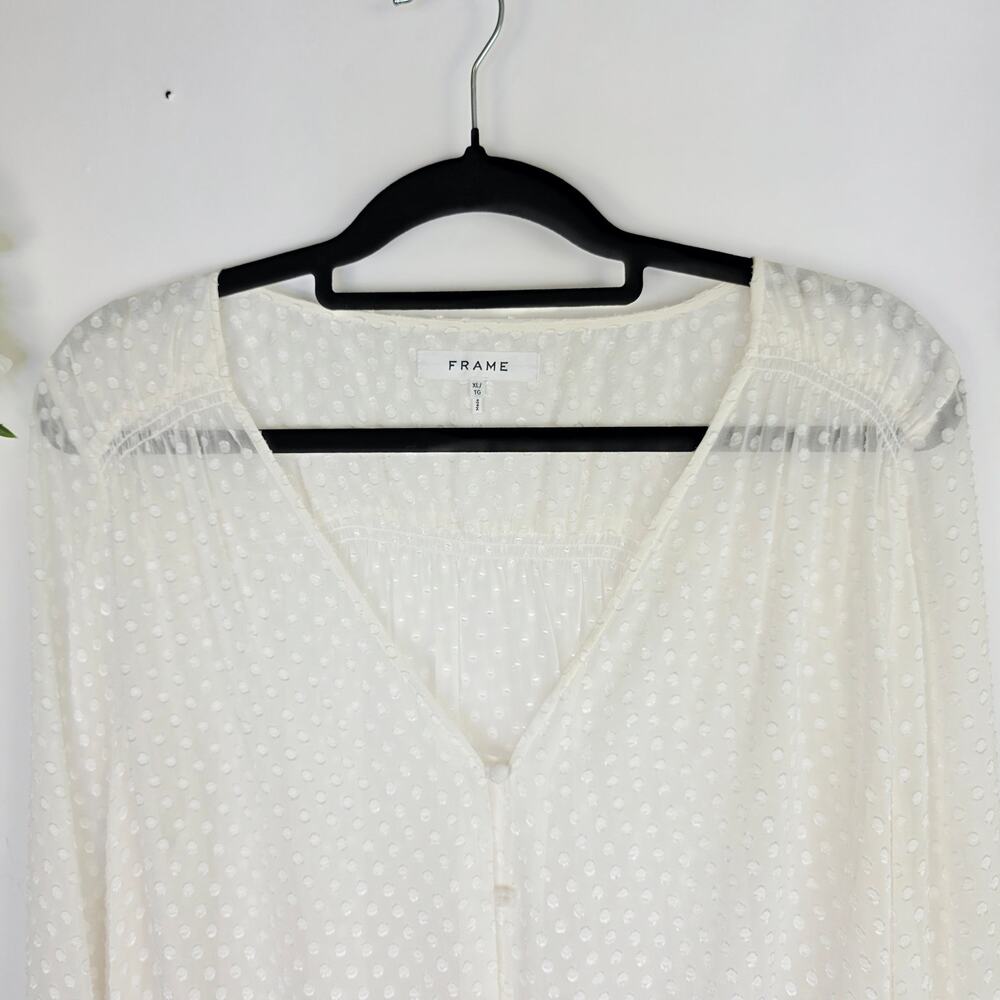 FRAME Button UP Blouse XL Off White Swiss Dot Silk Blend Sheer Boho Romantic - Picture 6 of 14